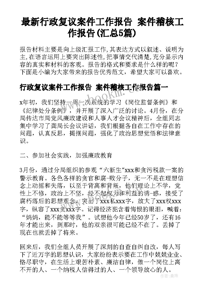 最新行政复议案件工作报告 案件稽核工作报告(汇总5篇)