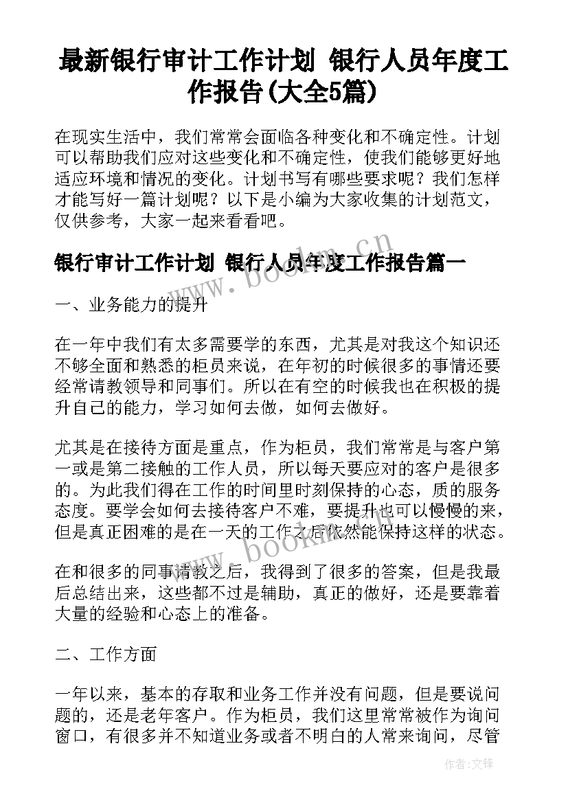 最新银行审计工作计划 银行人员年度工作报告(大全5篇)