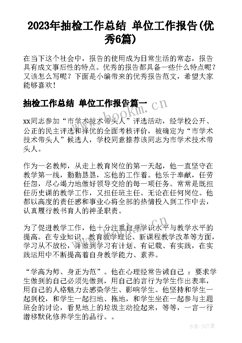 2023年抽检工作总结 单位工作报告(优秀6篇)