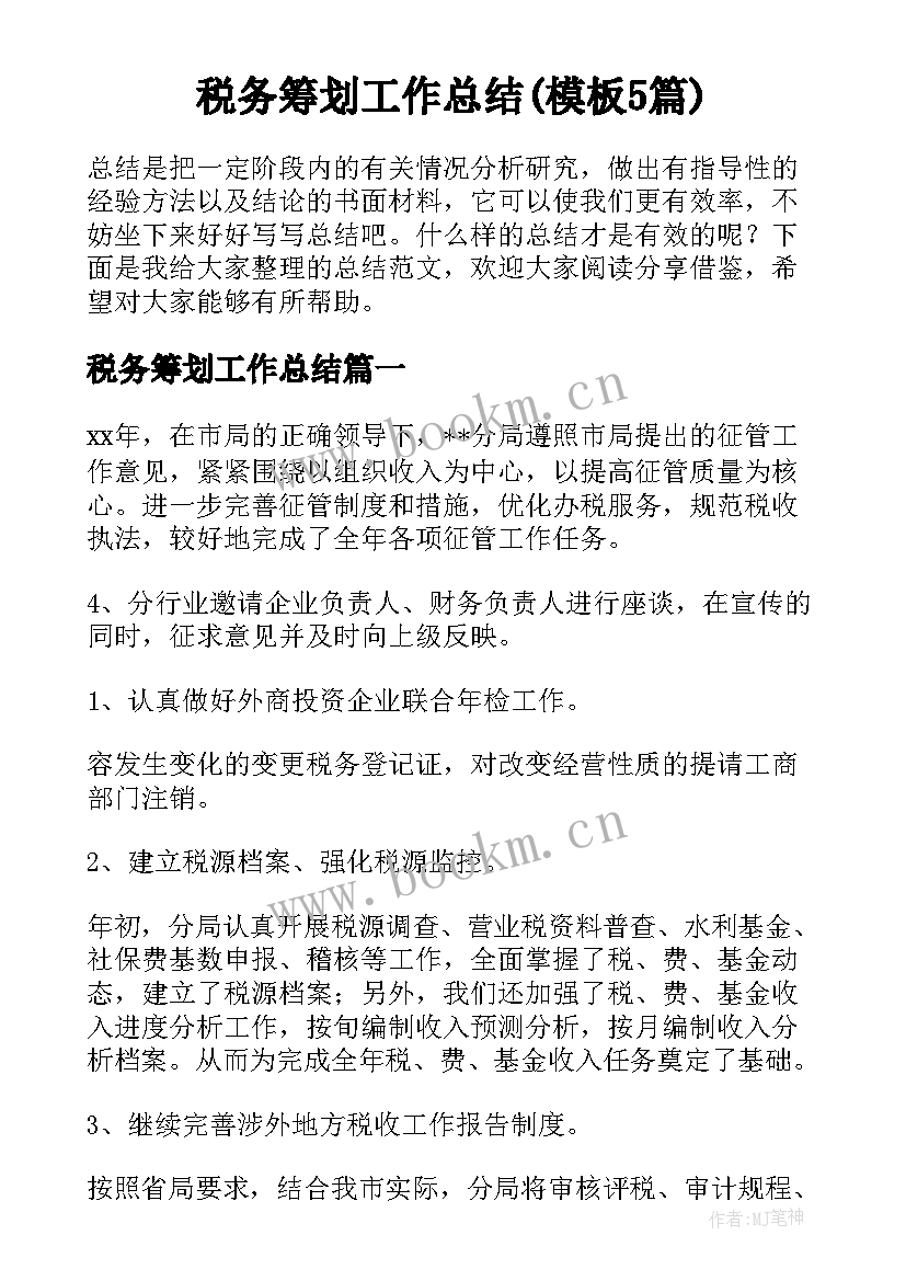 税务筹划工作总结(模板5篇)