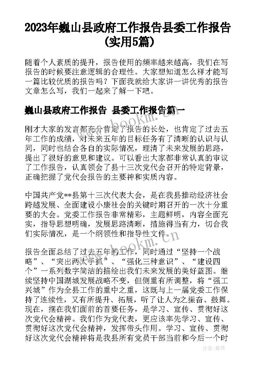 2023年巍山县政府工作报告 县委工作报告(实用5篇)