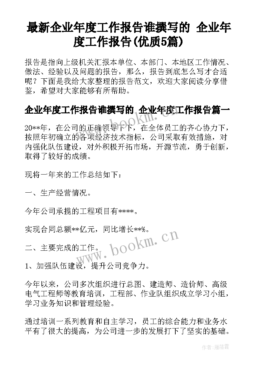 最新企业年度工作报告谁撰写的 企业年度工作报告(优质5篇)