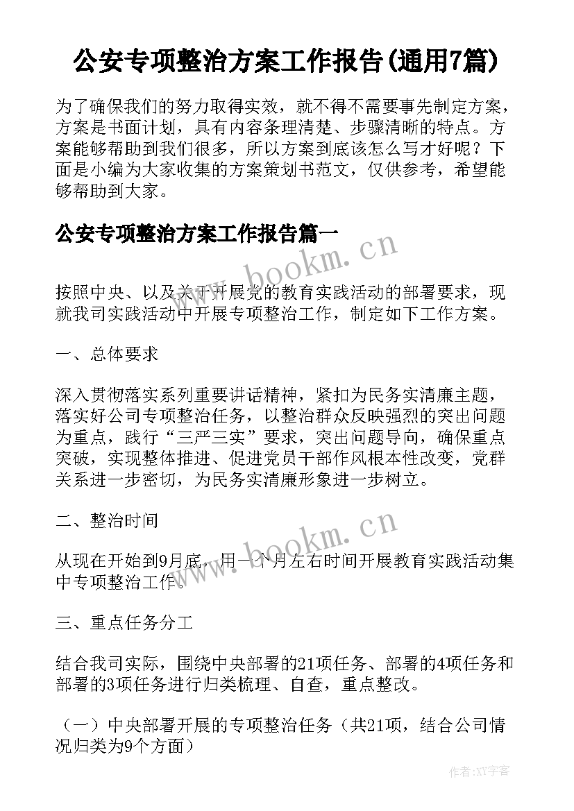 公安专项整治方案工作报告(通用7篇)