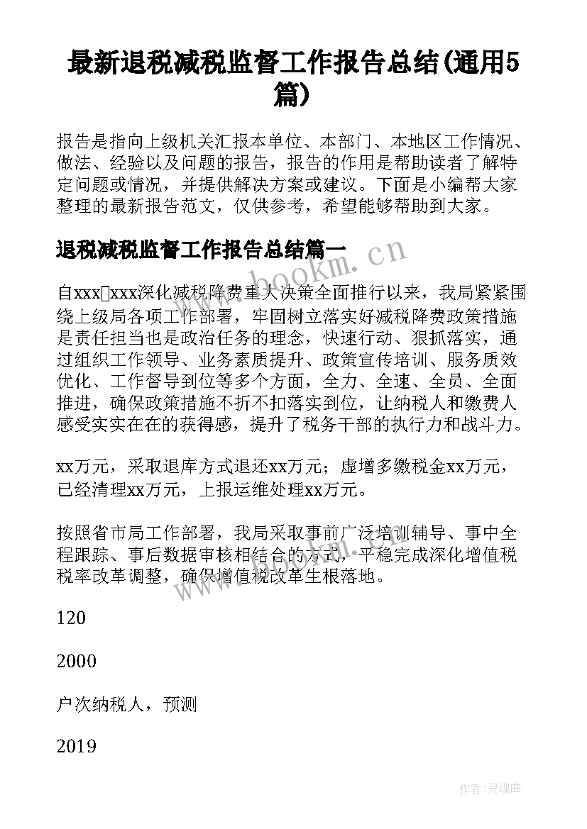 最新退税减税监督工作报告总结(通用5篇)