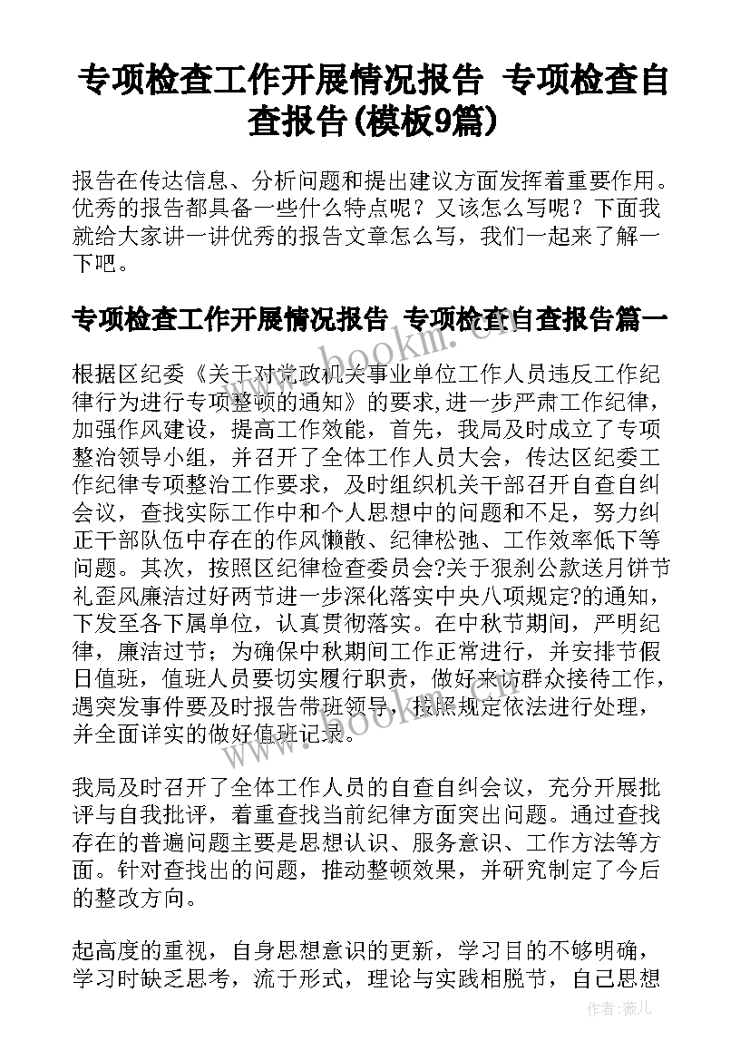 专项检查工作开展情况报告 专项检查自查报告(模板9篇)