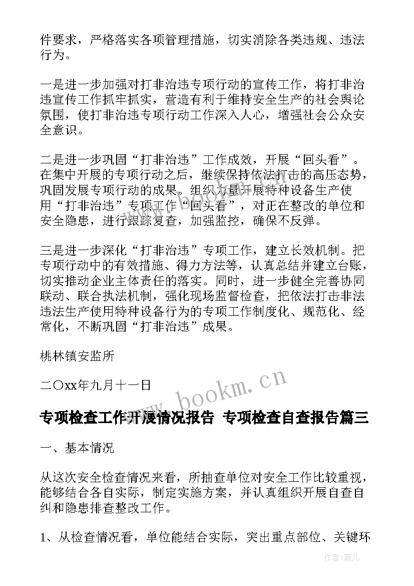 专项检查工作开展情况报告 专项检查自查报告(模板9篇)