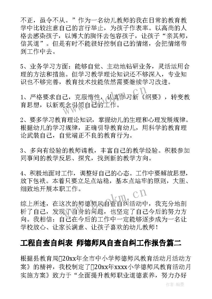 工程自查自纠表 师德师风自查自纠工作报告(优质9篇)