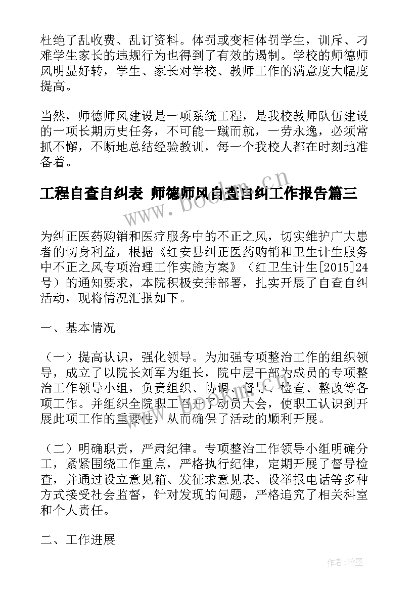 工程自查自纠表 师德师风自查自纠工作报告(优质9篇)