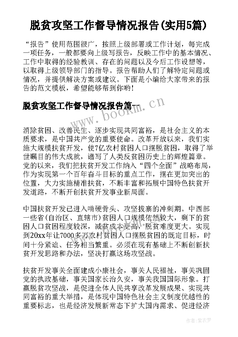 脱贫攻坚工作督导情况报告(实用5篇)