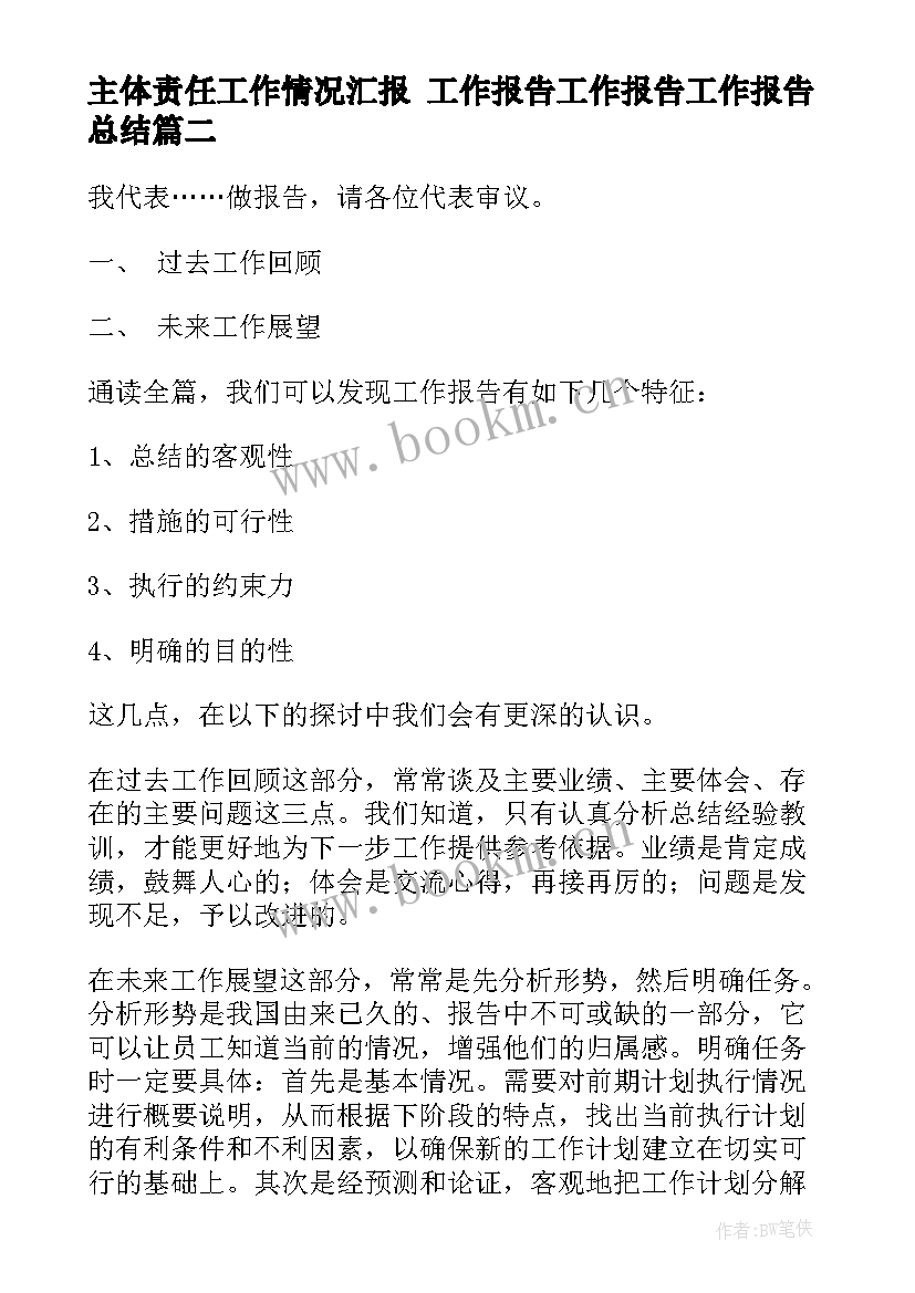 主体责任工作情况汇报 工作报告工作报告工作报告总结(模板10篇)