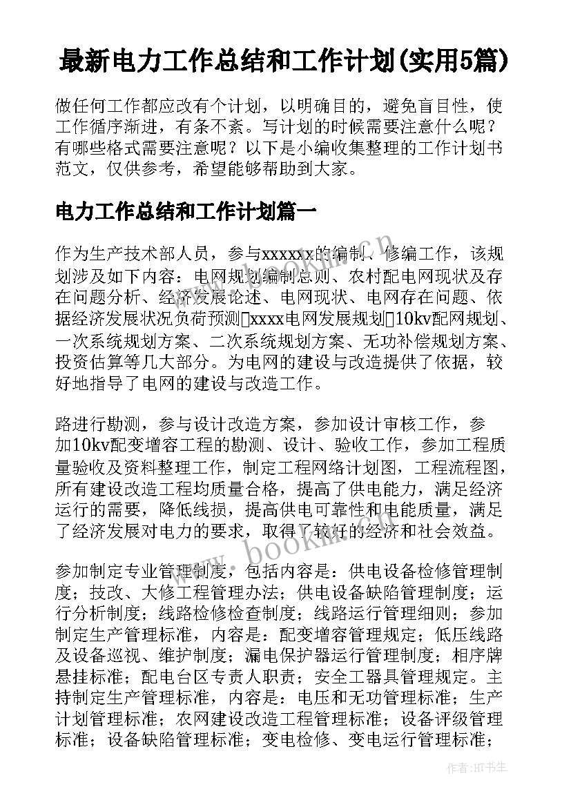 最新电力工作总结和工作计划(实用5篇)