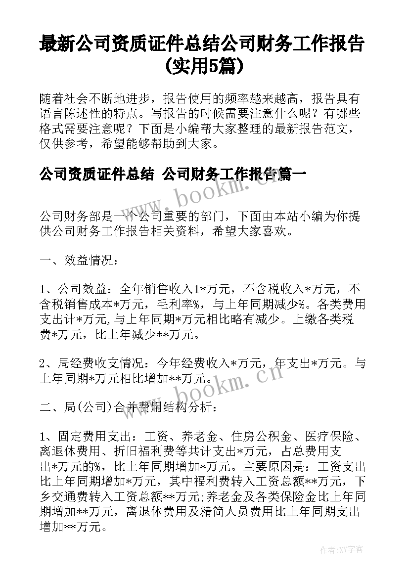 最新公司资质证件总结 公司财务工作报告(实用5篇)