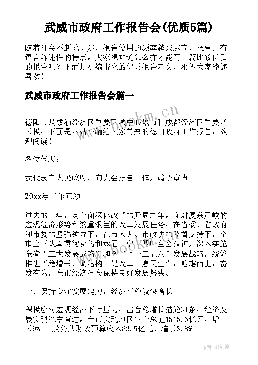 武威市政府工作报告会(优质5篇)