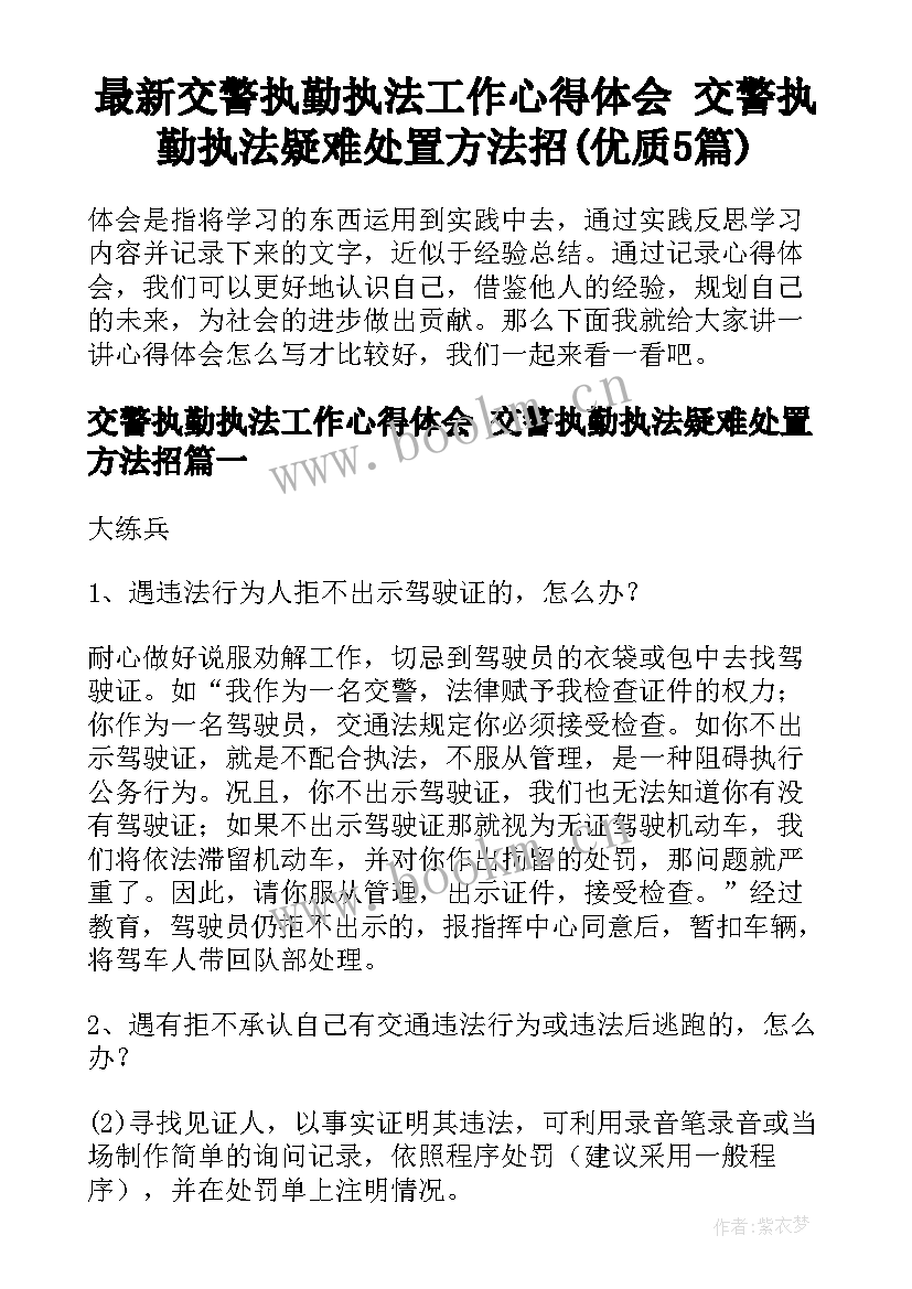 最新交警执勤执法工作心得体会 交警执勤执法疑难处置方法招(优质5篇)