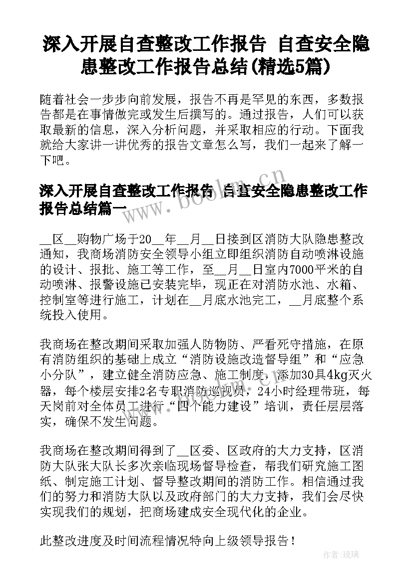 深入开展自查整改工作报告 自查安全隐患整改工作报告总结(精选5篇)