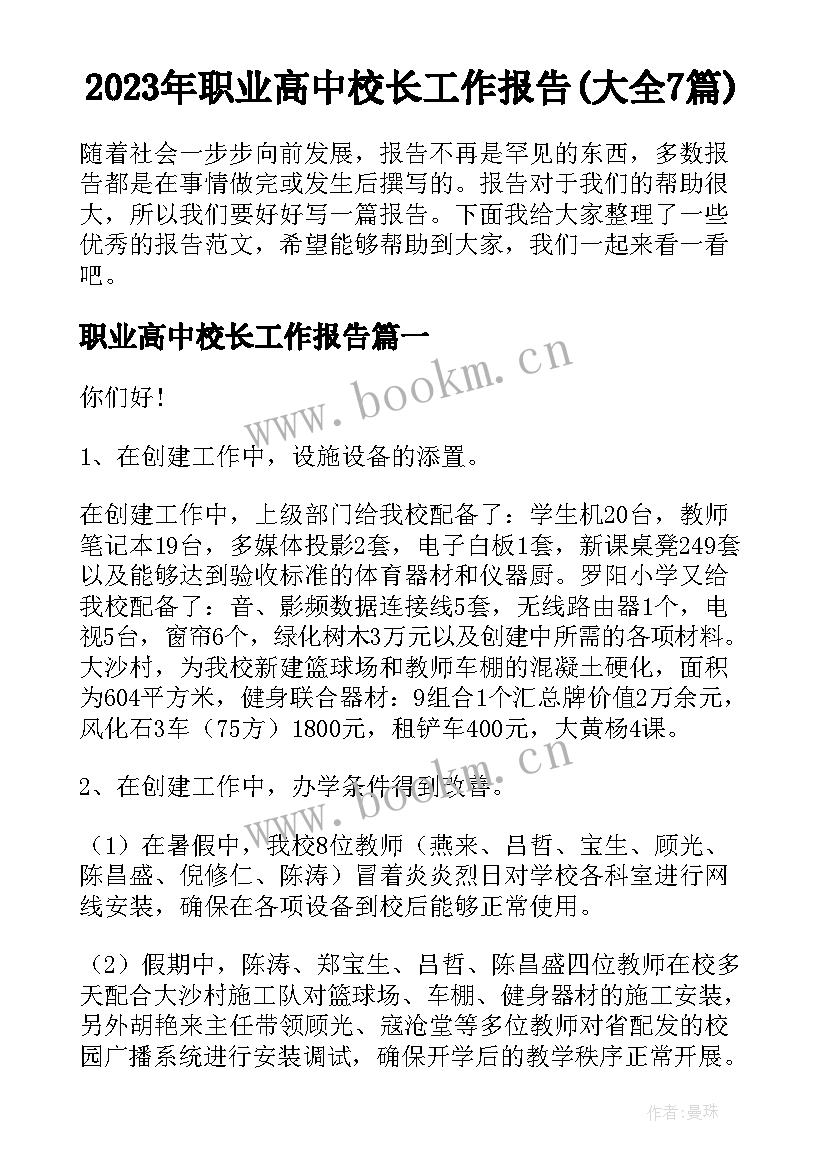 2023年职业高中校长工作报告(大全7篇)