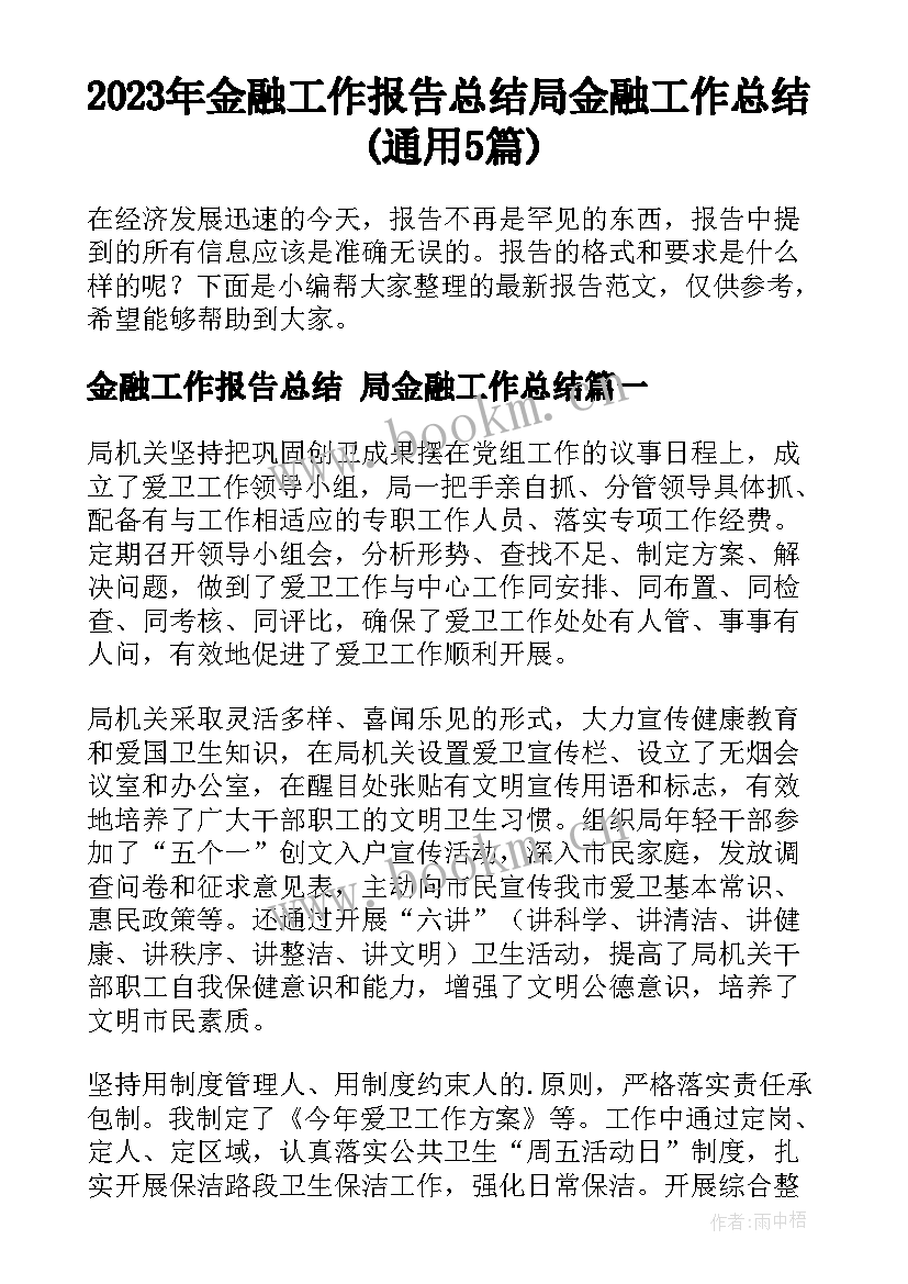 2023年金融工作报告总结 局金融工作总结(通用5篇)