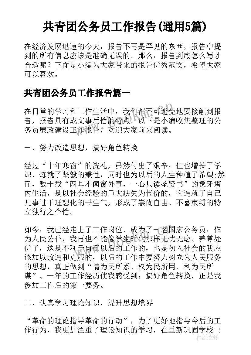 共青团公务员工作报告(通用5篇)