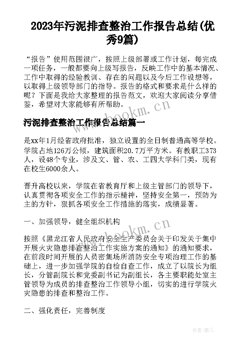 2023年污泥排查整治工作报告总结(优秀9篇)