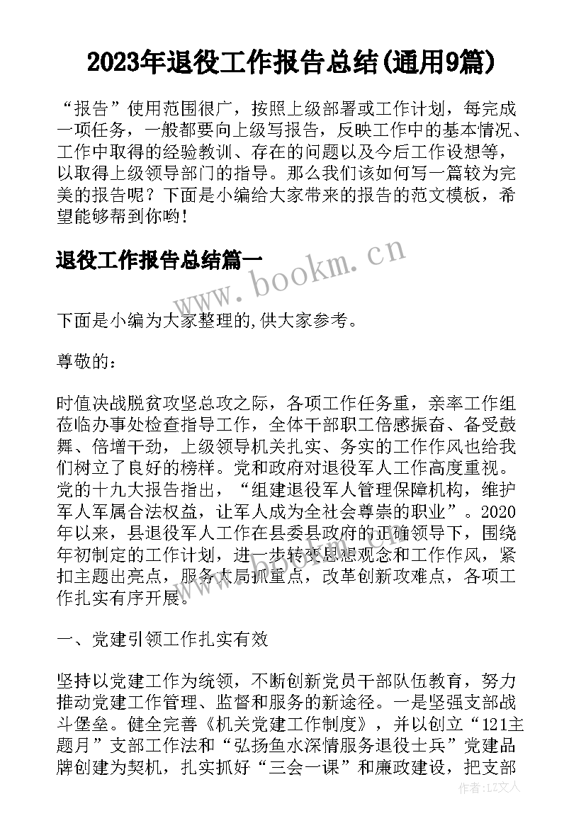 2023年退役工作报告总结(通用9篇)