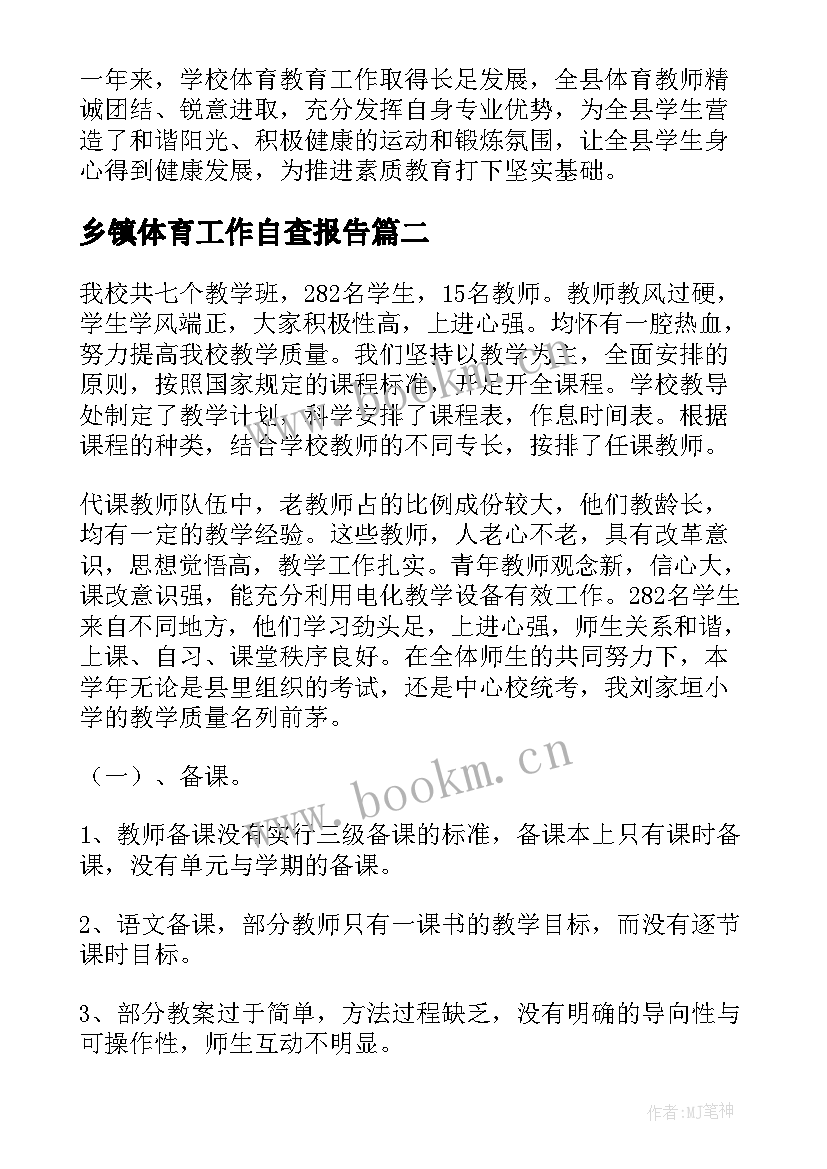 2023年乡镇体育工作自查报告(大全9篇)