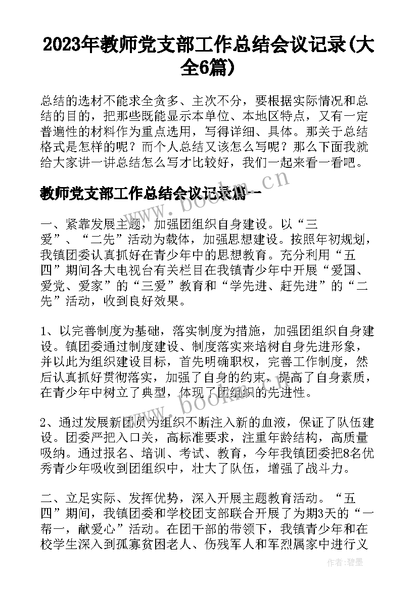 2023年教师党支部工作总结会议记录(大全6篇)