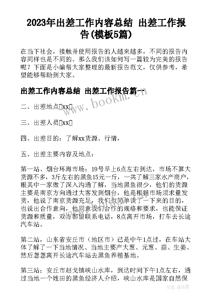 2023年出差工作内容总结 出差工作报告(模板5篇)