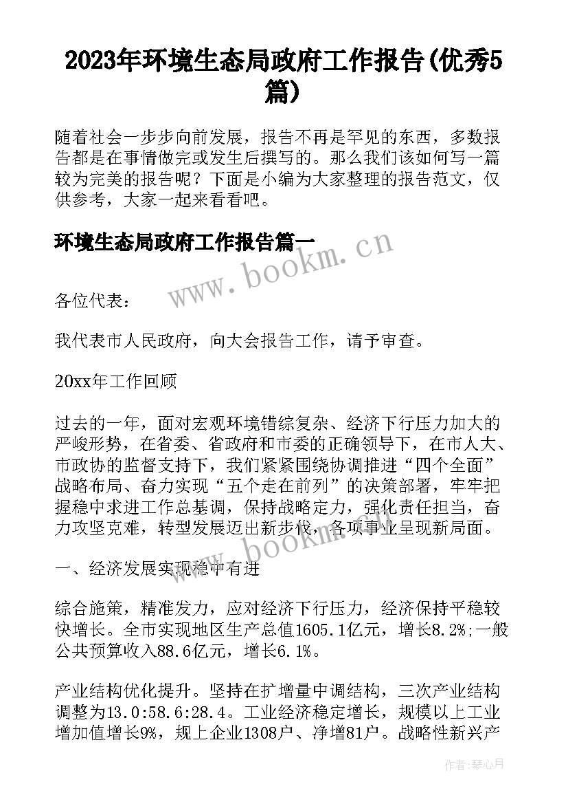 2023年环境生态局政府工作报告(优秀5篇)