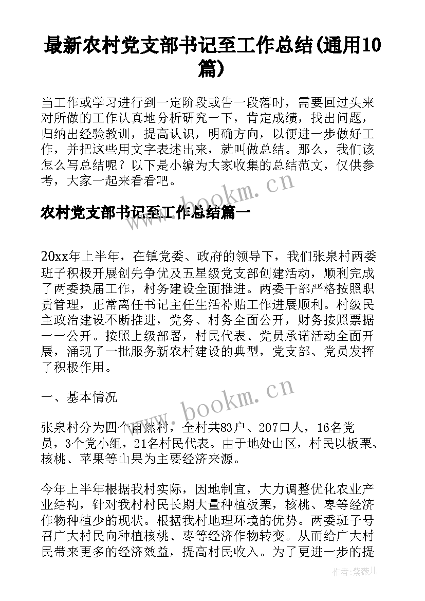 最新农村党支部书记至工作总结(通用10篇)