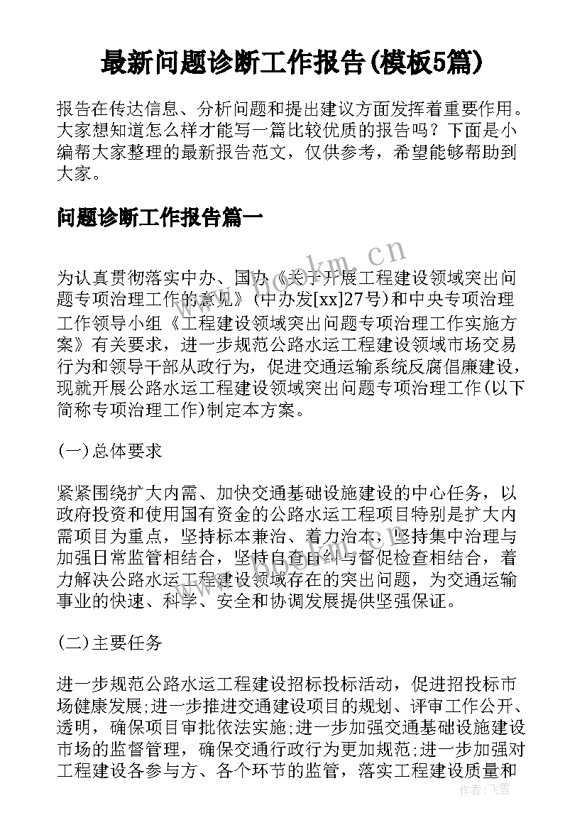 最新问题诊断工作报告(模板5篇)