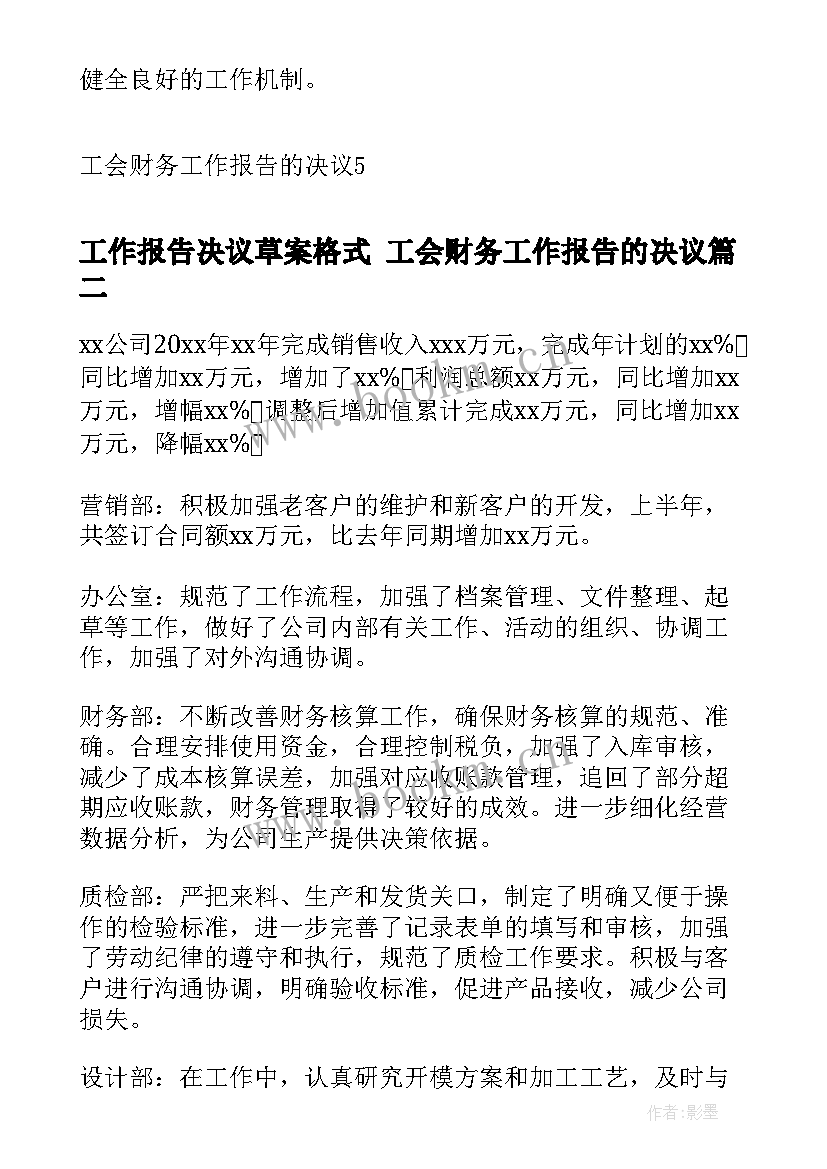 最新工作报告决议草案格式 工会财务工作报告的决议(大全10篇)