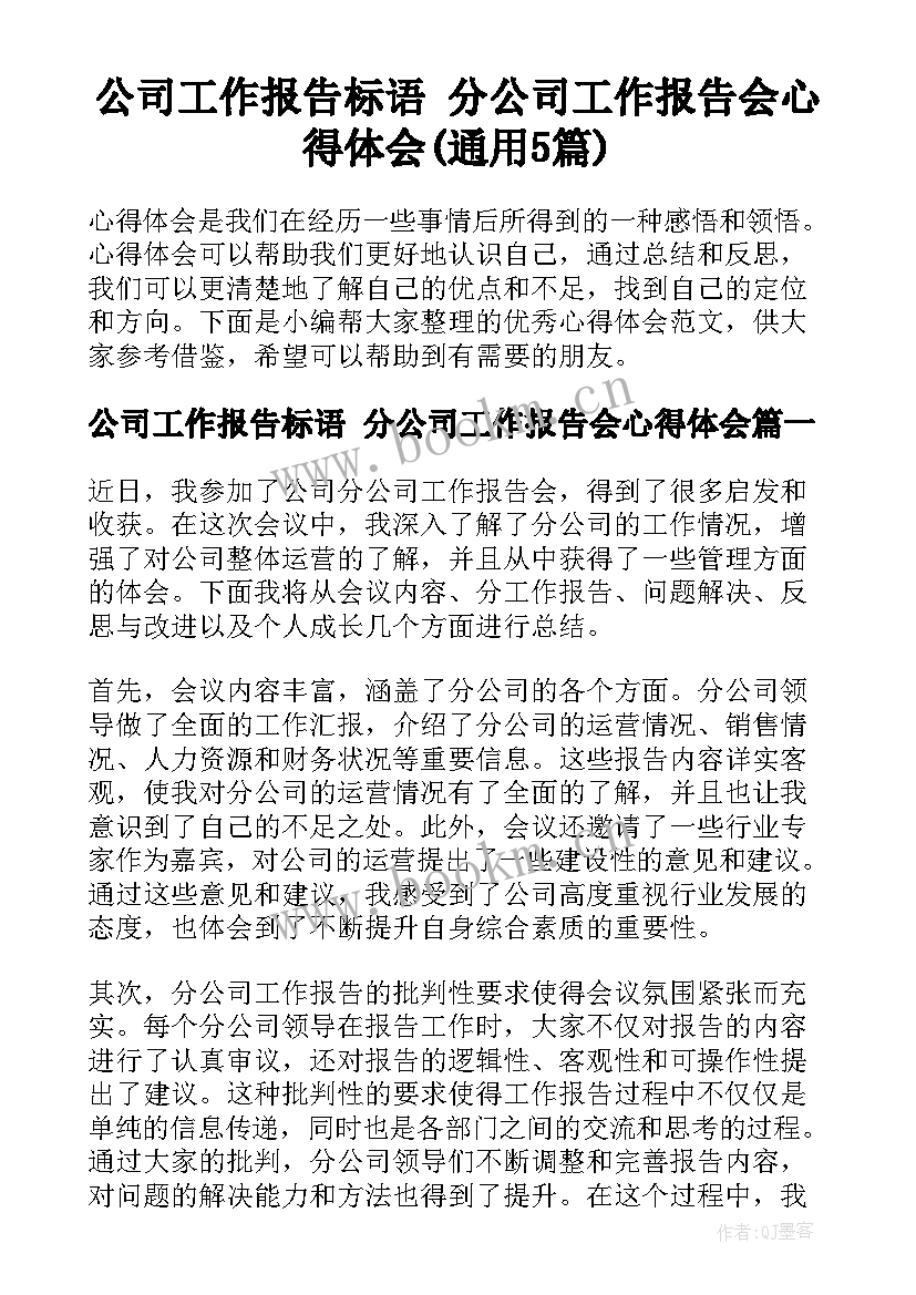 公司工作报告标语 分公司工作报告会心得体会(通用5篇)