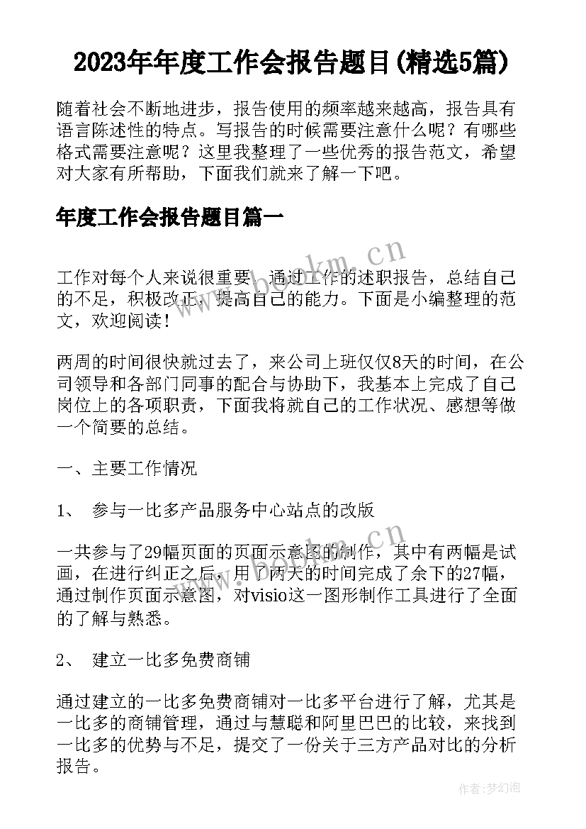 2023年年度工作会报告题目(精选5篇)