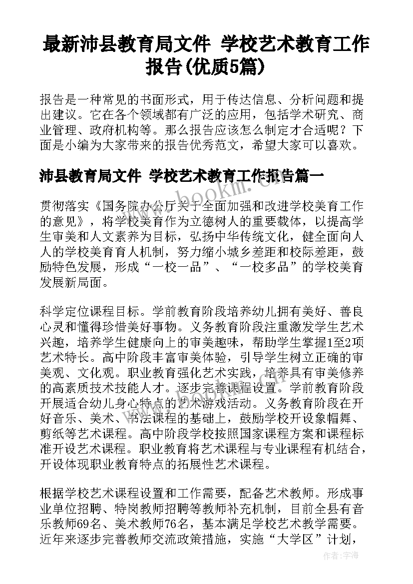 最新沛县教育局文件 学校艺术教育工作报告(优质5篇)