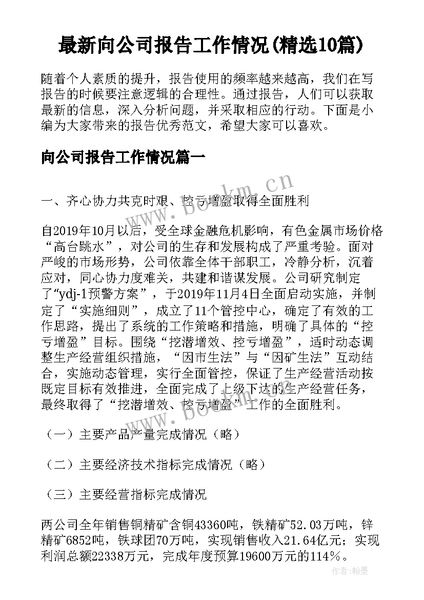 最新向公司报告工作情况(精选10篇)