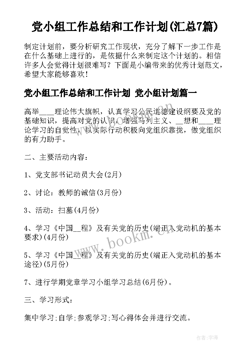 党小组工作总结和工作计划(汇总7篇)