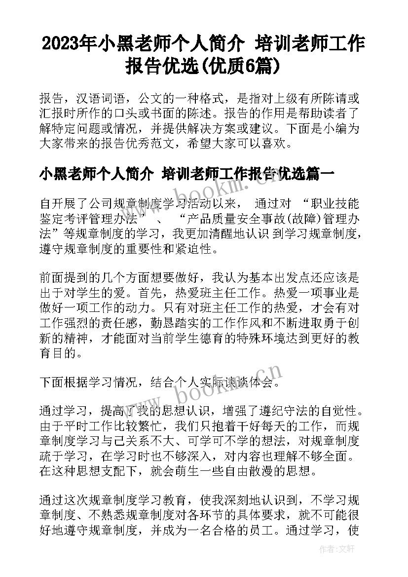 2023年小黑老师个人简介 培训老师工作报告优选(优质6篇)