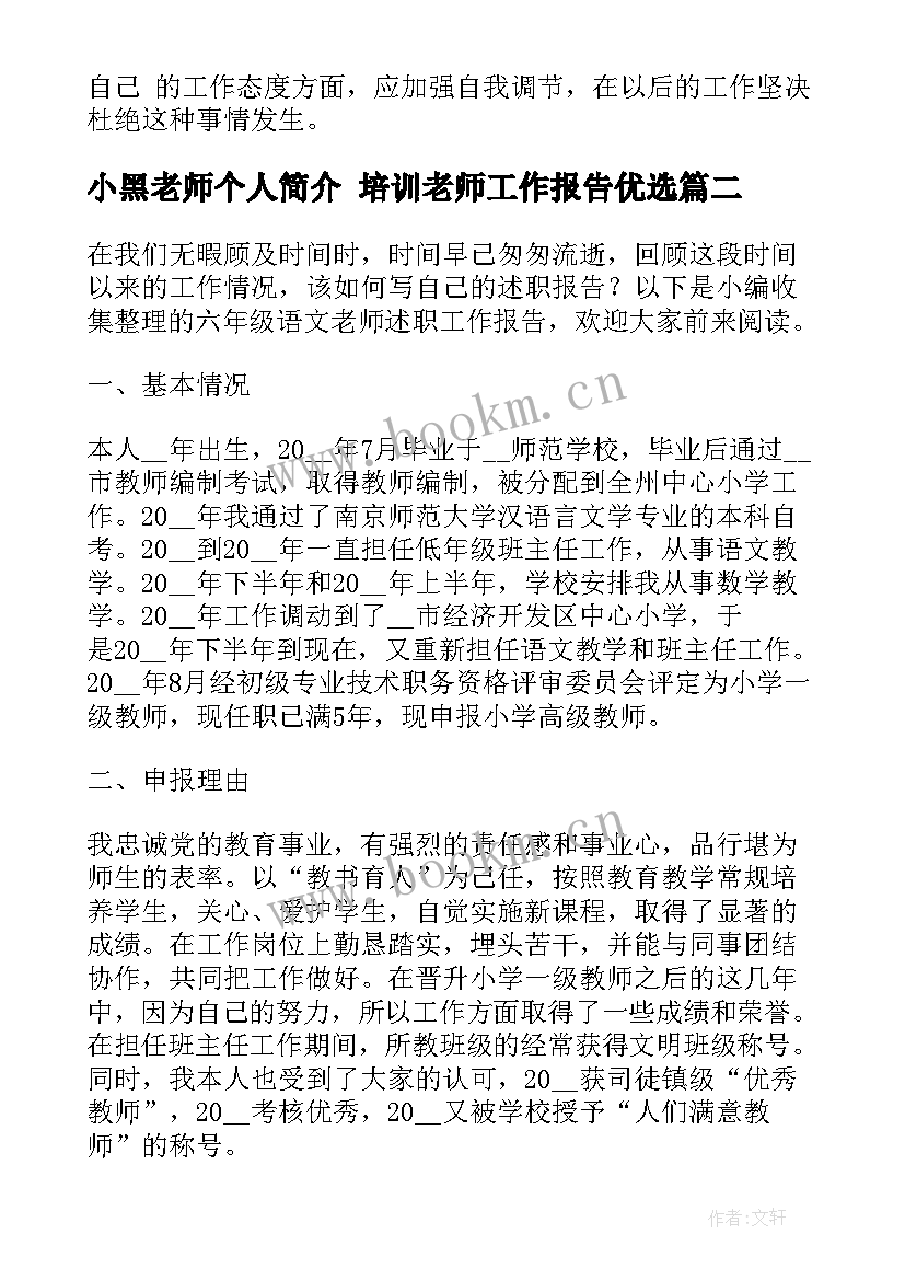 2023年小黑老师个人简介 培训老师工作报告优选(优质6篇)