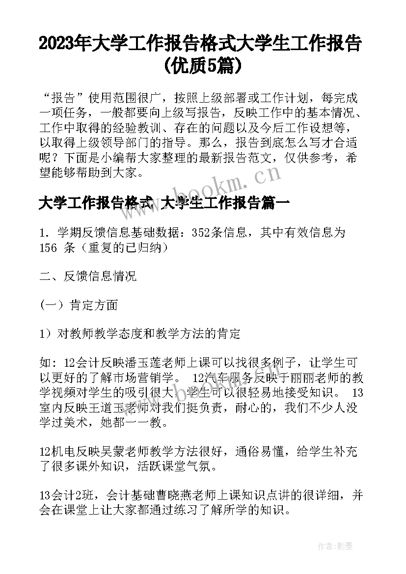 2023年大学工作报告格式 大学生工作报告(优质5篇)