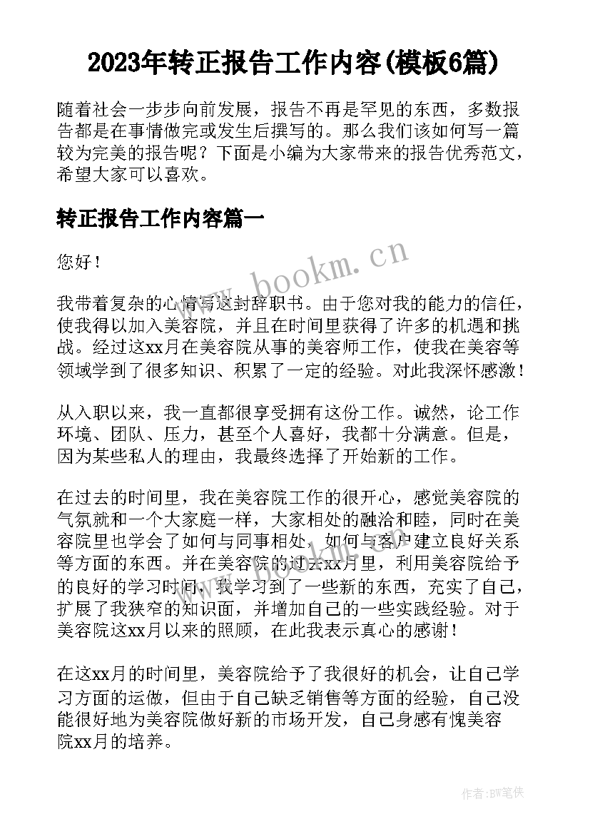 2023年转正报告工作内容(模板6篇)