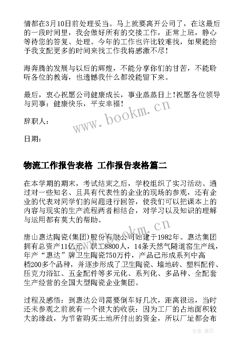 物流工作报告表格 工作报告表格(精选5篇)