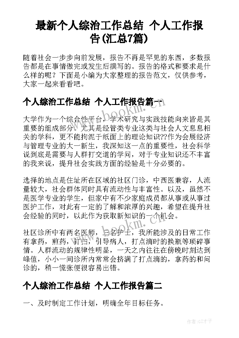 最新个人综治工作总结 个人工作报告(汇总7篇)