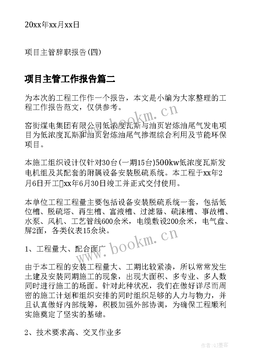 项目主管工作报告(通用6篇)