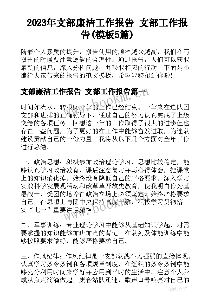 2023年支部廉洁工作报告 支部工作报告(模板5篇)