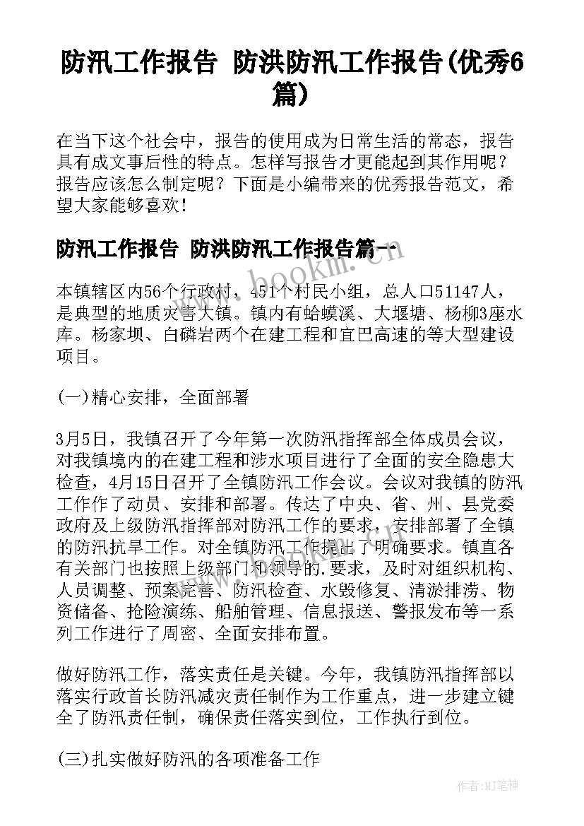 防汛工作报告 防洪防汛工作报告(优秀6篇)