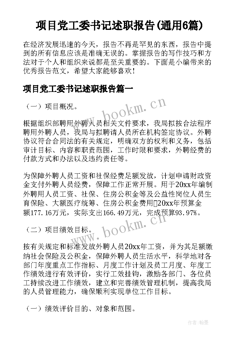 项目党工委书记述职报告(通用6篇)