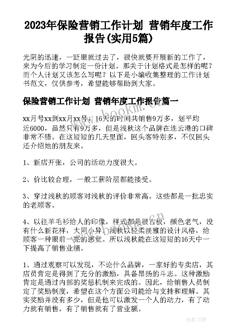 2023年保险营销工作计划 营销年度工作报告(实用5篇)