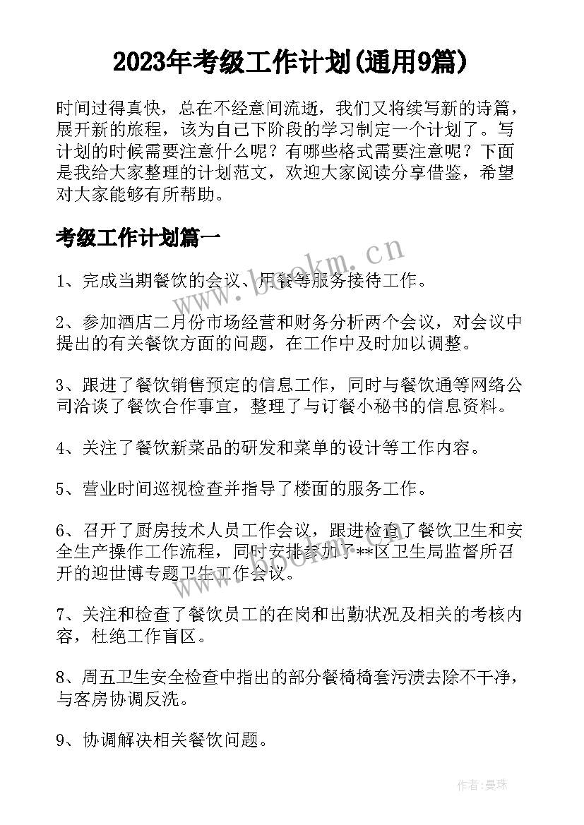 2023年考级工作计划(通用9篇)