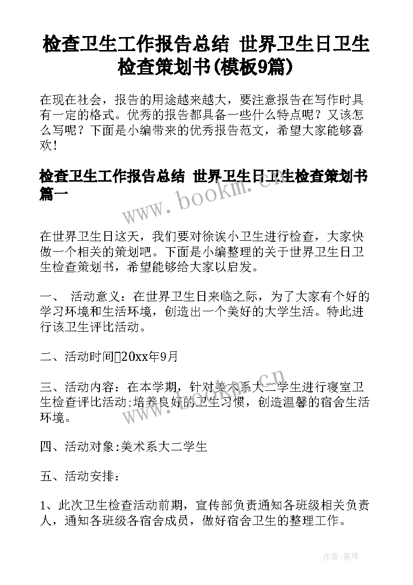 检查卫生工作报告总结 世界卫生日卫生检查策划书(模板9篇)