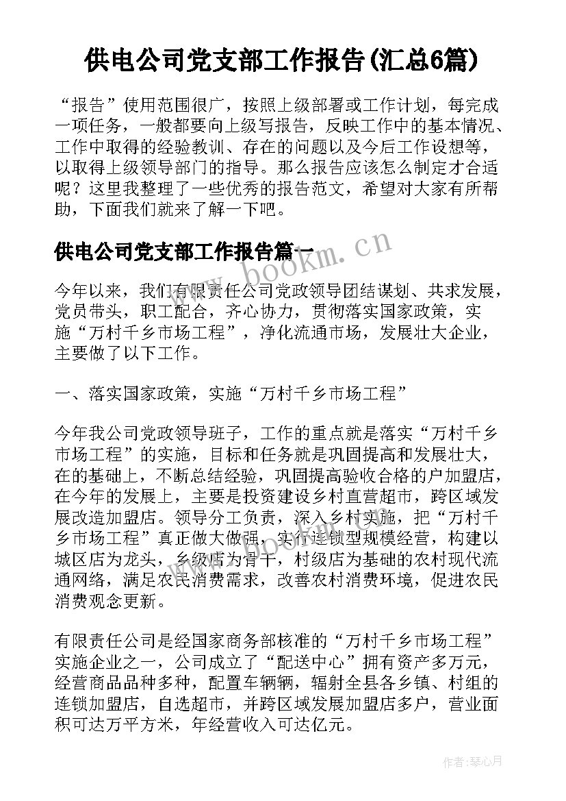 供电公司党支部工作报告(汇总6篇)